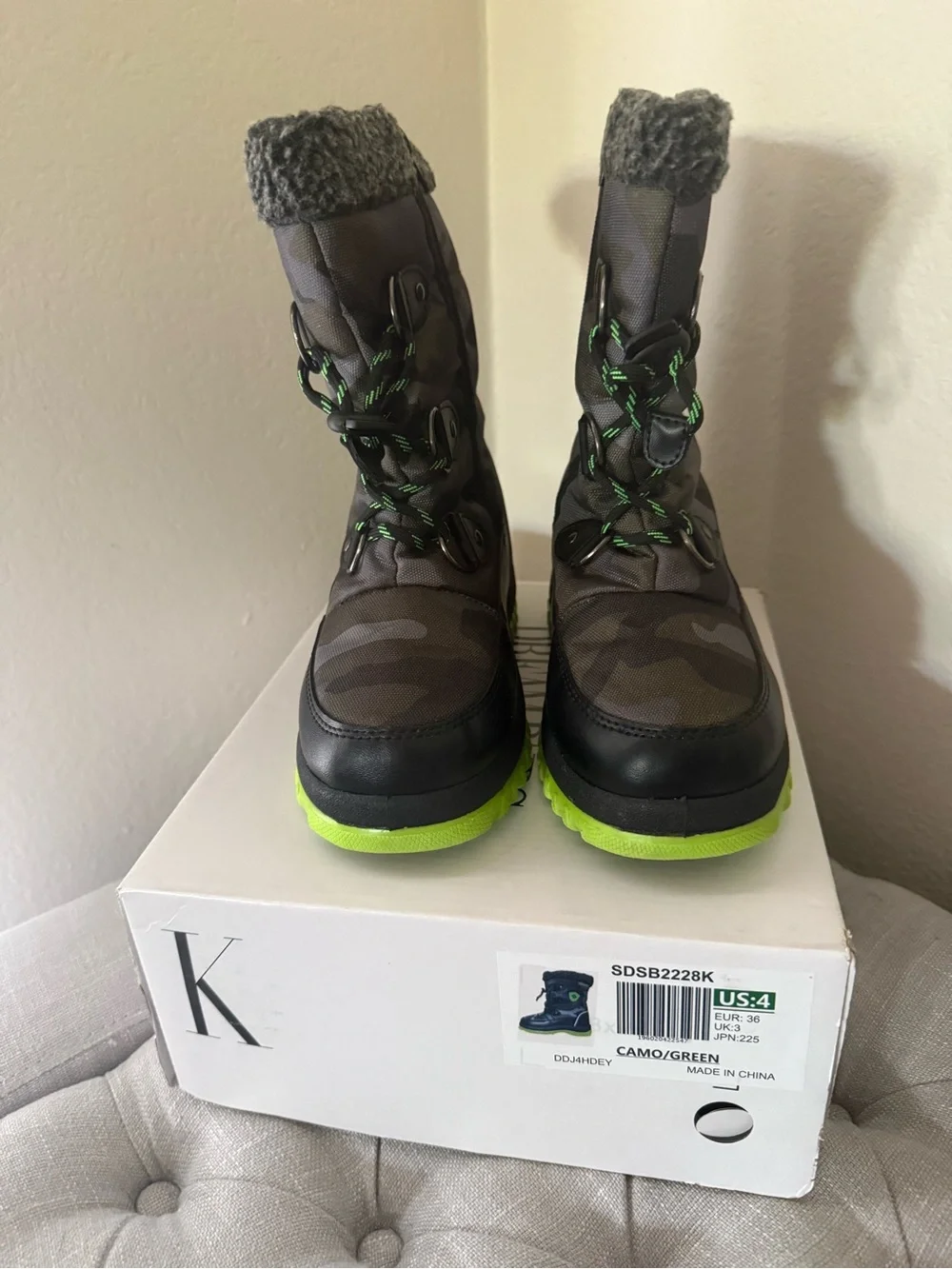 Camo Quilted Winter Boots with Lime Green Soles